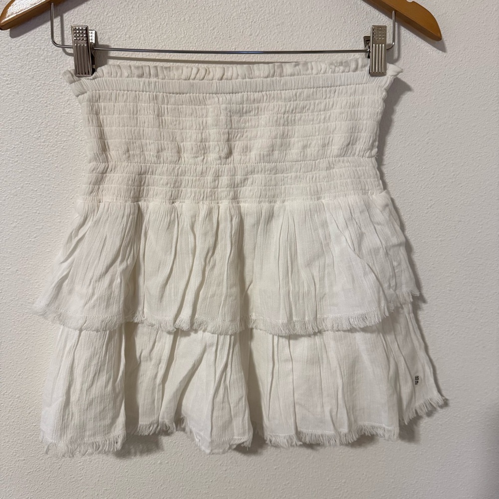 Aerie Fringe Two Tiered Mini Skirt Ivory Smock High Rise Waist Gauzy NWOT-XS